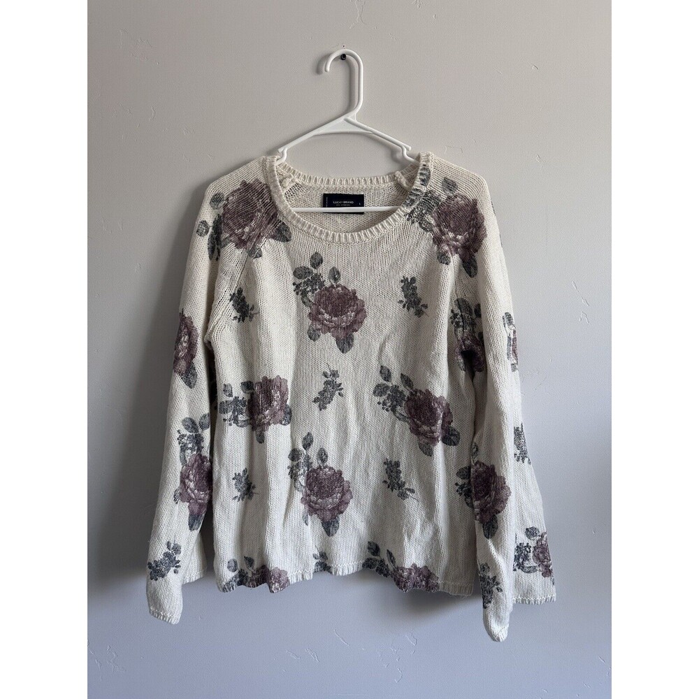 LUCKY BRAND Women’s Large Sweater $90 Floral Sweater Grandma Grandpa Wool